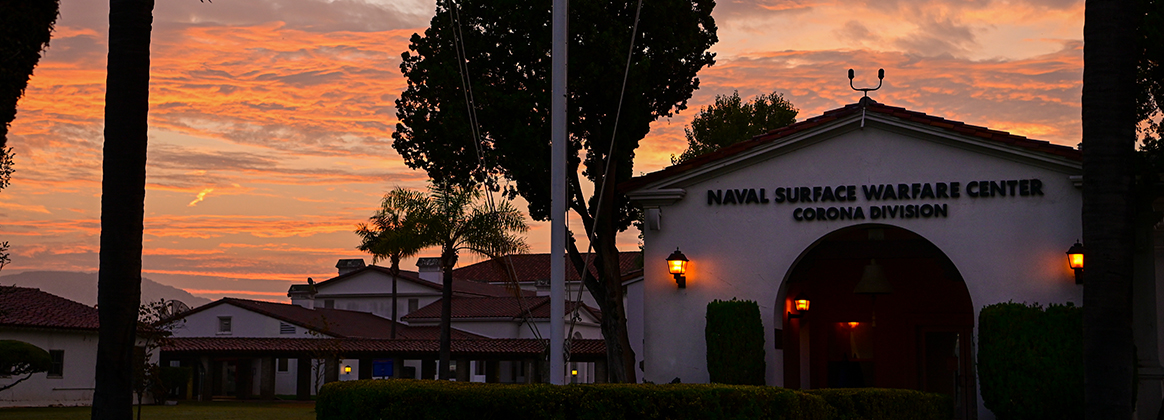 Sunrise over a building of the Naval Surface Warfare Center, Corona Division, at Norco, California